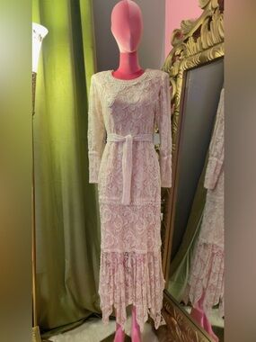 Pink Lace Long-Sleeve Maxi Dress with Self-Tie Belt